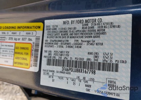 2019 Ford Fusion Hybrid Se from USA, damaged, VIN 3FA6P0LU8KR167798